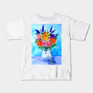 Colorful Flower Bouquet on Blue and Purple Kids T-Shirt